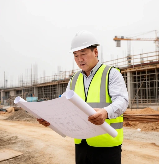 Project manager reviewing plans on site